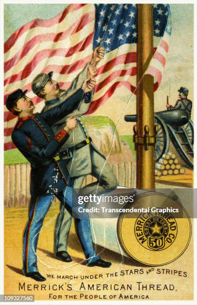 Circa 1880, A trade card advertising thread uses a civil war theme, north and south working together, with a big american flag.