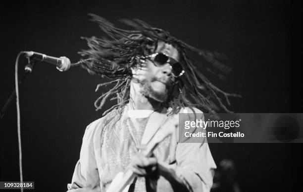 Jamaican reggae musician Peter Tosh performs live on stage at the Rainbow Theatre in Finsbury Park, London on June 30 1981.