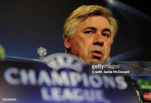 Chelsea Manager Carlo Ancelotti answers questions during a press conference the day before the UEFA Champions League round of 16 first leg match...