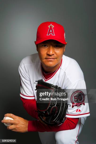 Hisanori Takahashi of the Los Angeles Angels of Anaheim poses during their photo day at Tempe Diablo Stadium on February 21, 2011 in Tempe,Arizona.