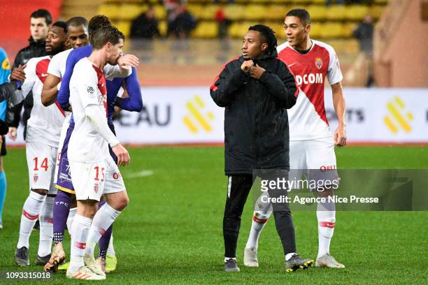 Adrien Silva, Gelson Martins and Vinicius of Monaco during the Ligue 1 match between Monaco and Toulouse at Stade Louis II on February 2, 2019 in...