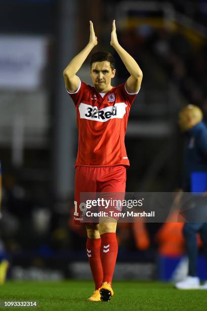 Stewart Downing of Middlesborough applauds the fans at the end of the match during the Sky Bet Championship match between Birmingham City and...