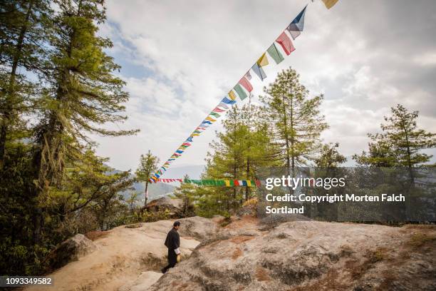 prayer flags in bhutan - paro stock pictures, royalty-free photos & images