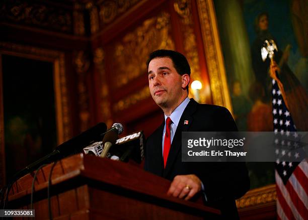 Republican Gov. Scott Walker speaks at a news conference inside the Wisconsin State Capitol February 21, 2011 in Madison, Wisconsin. With state...