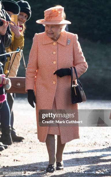 Queen Elizabeth II attends Sunday Service at St Peter and St Paul Church in West Newton on February 3, 2019 in King's Lynn, England.
