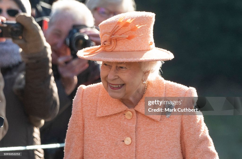 Queen Elizabeth Attends Sunday Service At St Peter & St Paul Church In West Newton