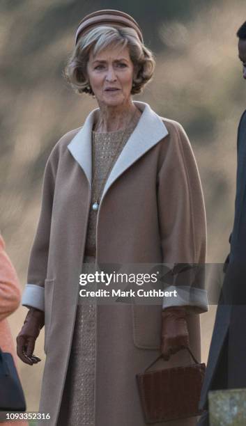 Penny Knatchbull, Countess Mountbatten of Burma attends Sunday Service at St Peter and St Paul Church in West Newton on February 3, 2019 in King's...