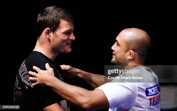 Michael Bisping and BJ Penn embrace during an Open Workout ahead of UFC Sydney 127 at Star City on February 22, 2011 in Sydney, Australia.