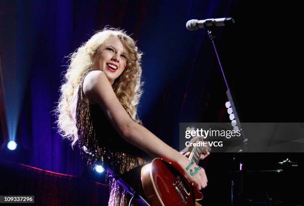 American country pop singer-songwriter Taylor Swift performs on the stage at the Asia World - Expo on February 21, 2011 in Hongkong, China.