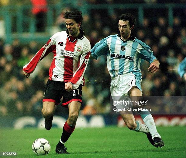 Joe Tessem of Southampton holds off Gary Breenof Coventry during the match between Coventry City and Southampton in thr FA Carling Premiership at...
