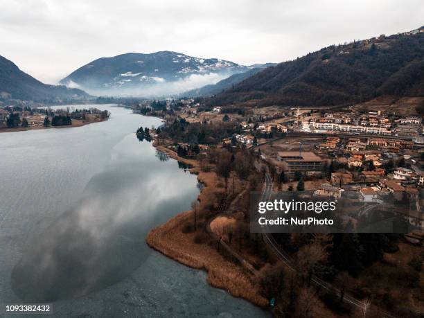 Aerial view of Lake Endine. The lake, in the province of Bergamo, every winter freezes, giving a natural show among the most beautiful in all of...