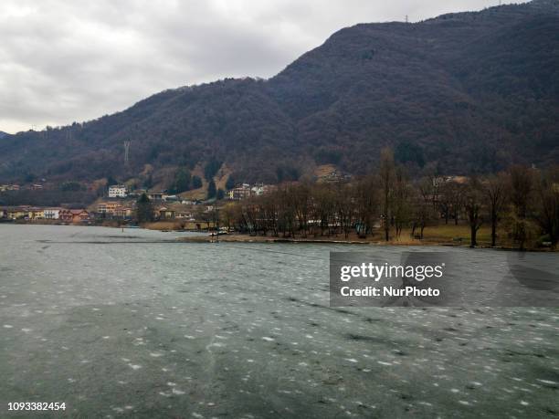Aerial view of Lake Endine. The lake, in the province of Bergamo, every winter freezes, giving a natural show among the most beautiful in all of...