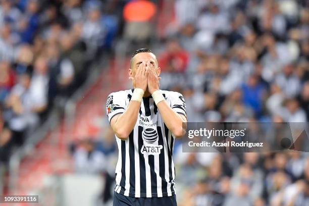 Rogelio Funes Mori of Monterrey reacts during the 2nd round match between Monterrey and Leon as part of the Torneo Clausura 2019 Liga MX at BBVA...