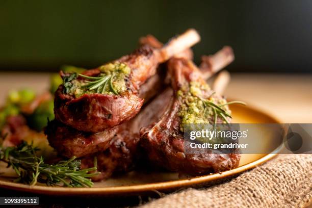 grilled new zealand lamb chops plated with sauteed brussel sprouts - lamb chop stock pictures, royalty-free photos & images