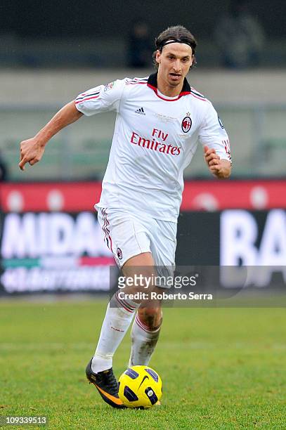 Zlatan Ibrahimovic of Milan in action during the Serie A match between AC Chievo Verona and AC Milan at Stadio Marc'Antonio Bentegodi on February 20,...