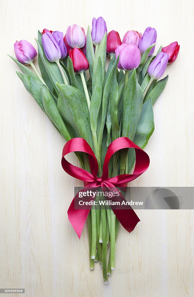Bouquet of tulips with red ribbon