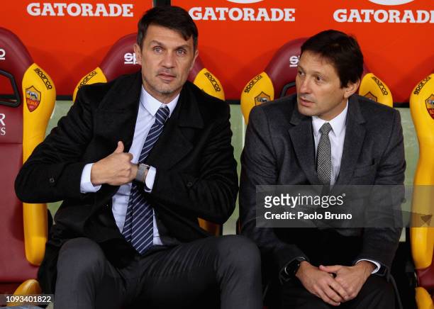 Paolo Maldini and Leonardo of Milan look on before the Serie A match between AS Roma and AC Milan at Stadio Olimpico on February 3, 2019 in Rome,...