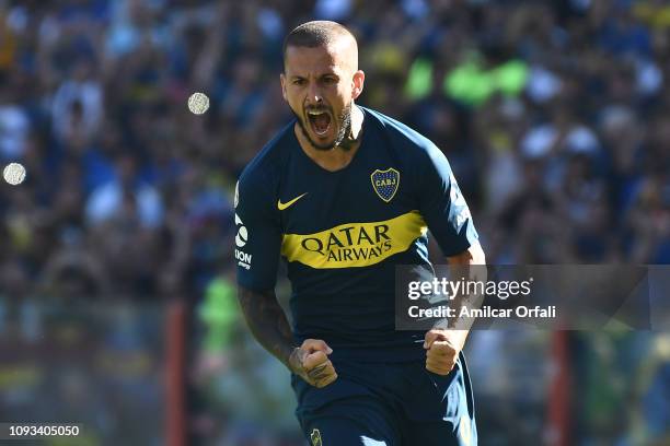 Dario Benedetto of Boca Juniors celebrates after scoring the first goal of his team during a match between Boca Juniors and Godoy Cruz as part of...