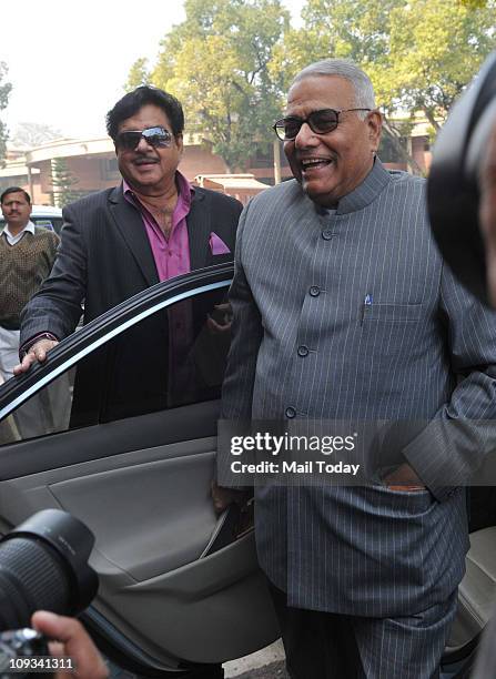Shatrughan Sinha and Yashwant Sinha arrive to attend the opening day of the budget session of the parliament.