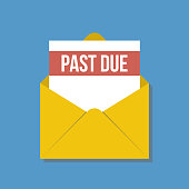 past due letter in yellow envelope, flat vector illustration