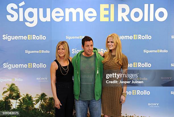 Actress Jennifer Aniston, actor Adam Sandler and actress Brooklyn Decker attend a photo call to promote their new movie 'Just go with it' on February...