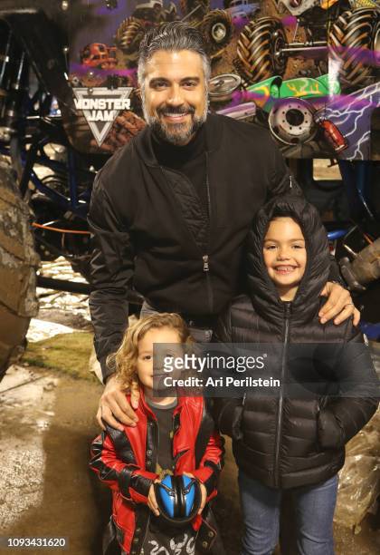 Jaime Camil, Elena Camil and Jaime Camil III attend the Monster Jam Celebrity Event at Angel Stadium on January 12, 2019 in Anaheim, California.