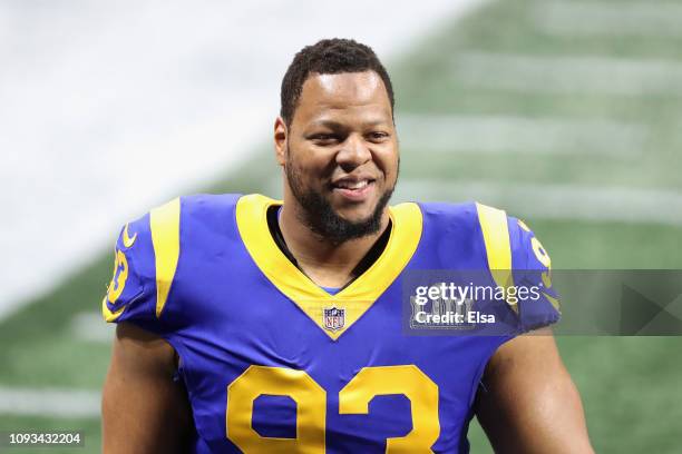 Ndamukong Suh of the Los Angeles Rams looks on prior to kickoff at Super Bowl LIII against the New England Patriots at Mercedes-Benz Stadium on...