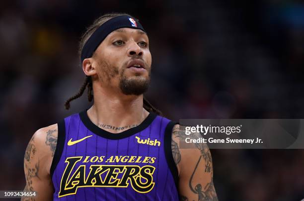 Michael Beasley of the Los Angeles Lakers looks on in a NBA game against the Utah Jazz at Vivint Smart Home Arena on January 11, 2019 in Salt Lake...