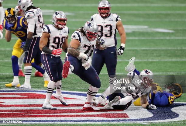 Danny Shelton of the New England Patriots celebrates in the first half during Super Bowl LIII against the Los Angeles Rams at Mercedes-Benz Stadium...