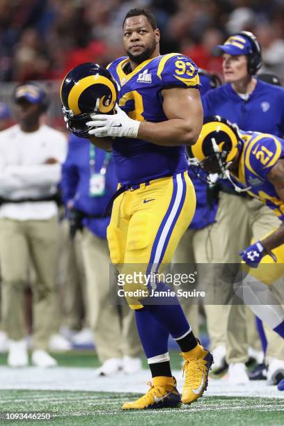 Ndamukong Suh of the Los Angeles Rams looks on in the first half during Super Bowl LIII against the New England Patriots at Mercedes-Benz Stadium on...