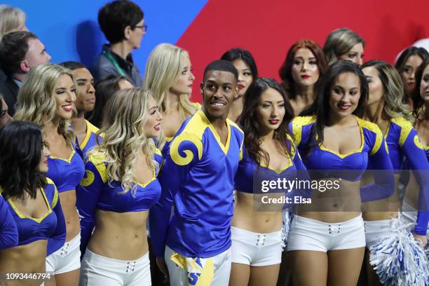 Los Angeles Rams cheerleader Quinton Peron looks on during Super Bowl LIII against the New England Patriots at Mercedes-Benz Stadium on February 3,...