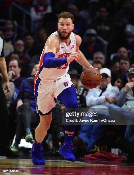 Blake Griffin of the Detroit Pistons takes the ball down court in the game against the Los Angeles Clippers at Staples Center on January 12, 2019 in...