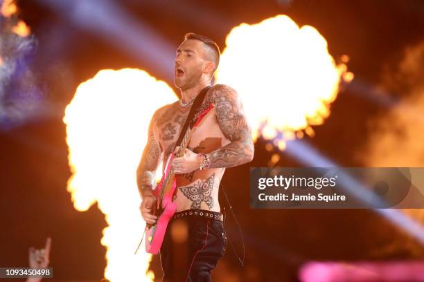 Adam Levine and Maroon 5 perform during the Pepsi Super Bowl LIII Halftime Show at Mercedes-Benz Stadium on February 3, 2019 in Atlanta, Georgia.