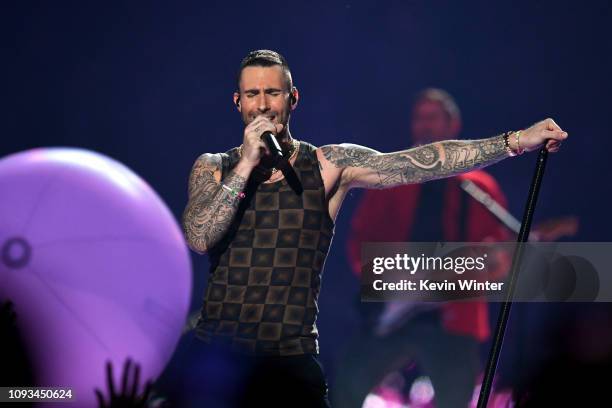 Adam Levine of Maroon 5 performs during the Pepsi Super Bowl LIII Halftime Show at Mercedes-Benz Stadium on February 3, 2019 in Atlanta, Georgia.