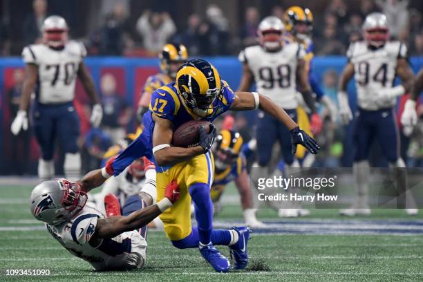 Robert Woods of the Los Angeles Rams makes a catch in the third quarter during Super Bowl LIII against the New England Patriots at Mercedes-Benz...