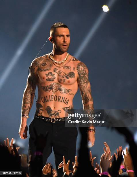 Adam Levine of Maroon 5 performs during the Pepsi Super Bowl LIII Halftime Show at Mercedes-Benz Stadium on February 3, 2019 in Atlanta, Georgia.