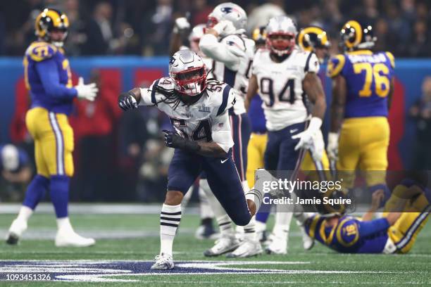 Dont'a Hightower of the New England Patriots celebrates a sack against Jared Goff of the Los Angeles Rams in the third quarter during Super Bowl LIII...