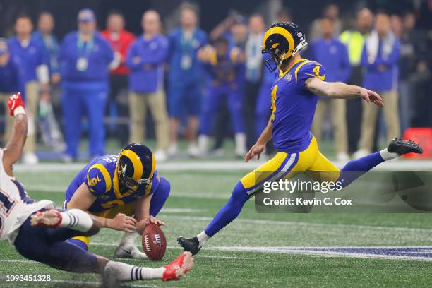 Greg Zuerlein of the Los Angeles Rams kicks a 53-yard field goal to tie the game 3-3 during the third quarter at Super Bowl LIII at Mercedes-Benz...