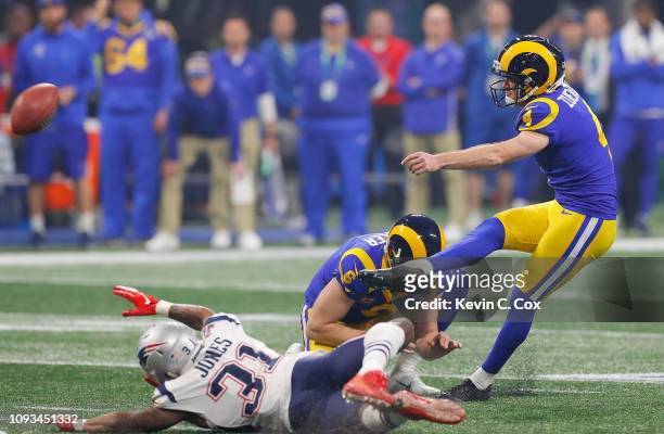 Greg Zuerlein of the Los Angeles Rams kicks a 53-yard field goal to tie the game 3-3 during the third quarter at Super Bowl LIII at Mercedes-Benz...