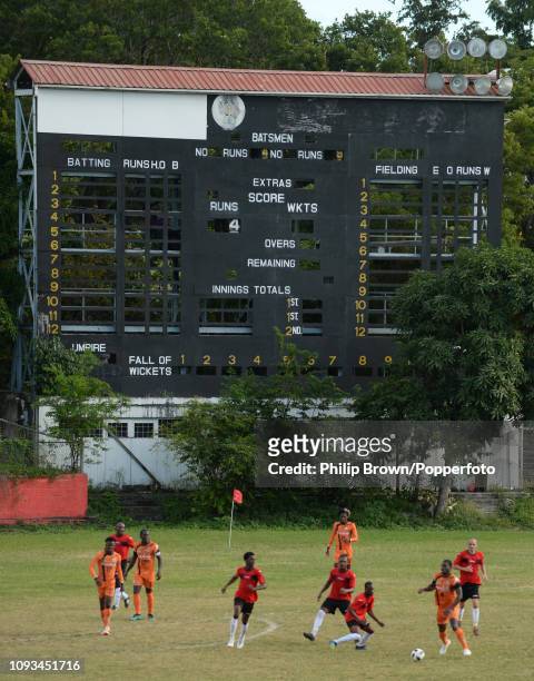 The cricket scoreboard at the REC as a footall match between Aston Villa and Sandals INET Grenades is played on the day after the West Indies won the...