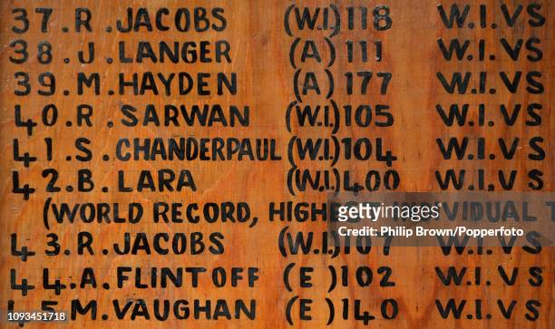Part of the batting honours board at the Antigua Recreation ground featuring the World Record of 400 by Brian Lara on the day after the West Indies...