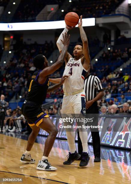 UConn Huskies guard Jalen Adams looks to pass during the game as the East Carolina Pirates take on the UConn Huskies on February 03, 2019 at the XL...