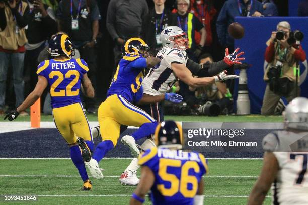 Rob Gronkowski of the New England Patriots catches a pass against the Los Angeles Rams in the fourth quarter during Super Bowl LIII at Mercedes-Benz...