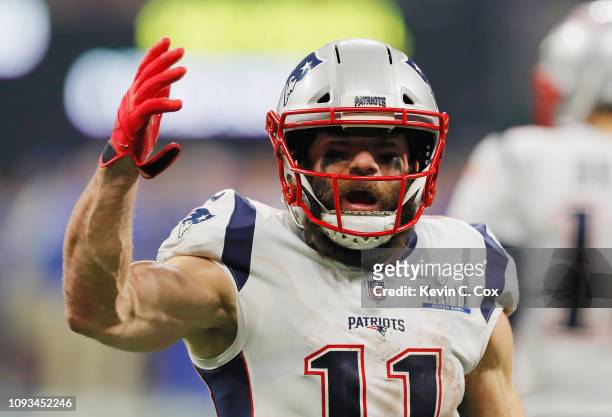 Julian Edelman of the New England Patriots reacts after the New England Patriots defeat the Los Angeles Rams 13-3 during Super Bowl LIII at...