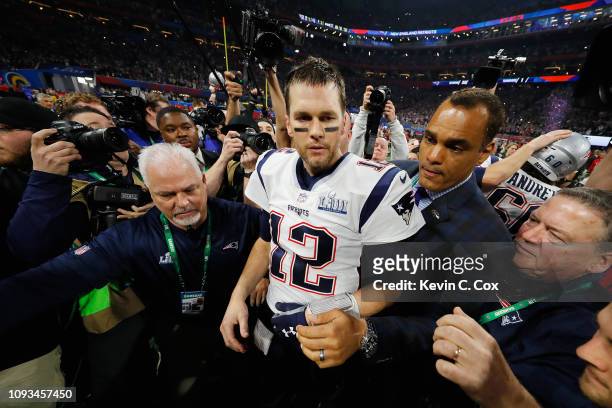 Tom Brady of the New England Patriots celebrates after winning the Super Bowl LIII at against the Los Angeles Rams Mercedes-Benz Stadium on February...