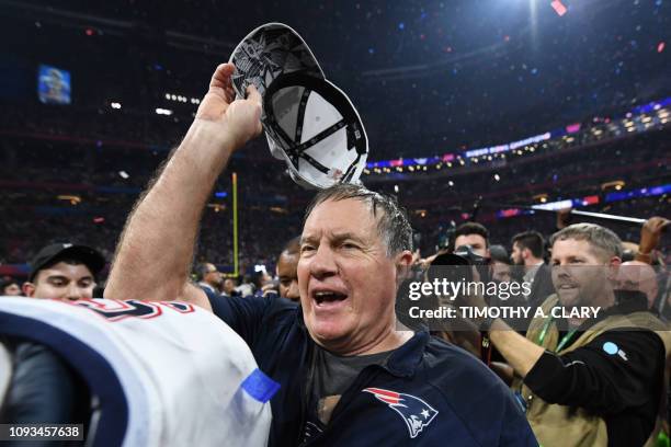 Head Coach Bill Belichick of the New England Patriots celebrates after his team won Super Bowl LIII against the Los Angeles Rams at Mercedes-Benz...