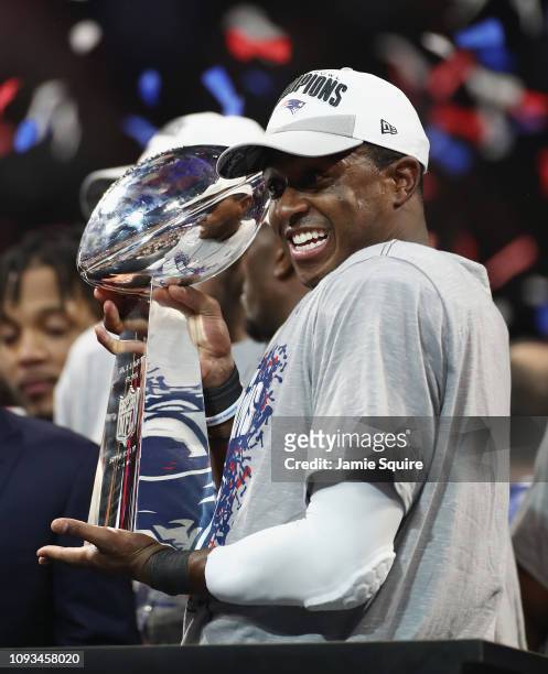Matthew Slater of the New England Patriots holds the Vince Lombardi Trophy at the end of the Super Bowl LIII at Mercedes-Benz Stadium on February 3,...