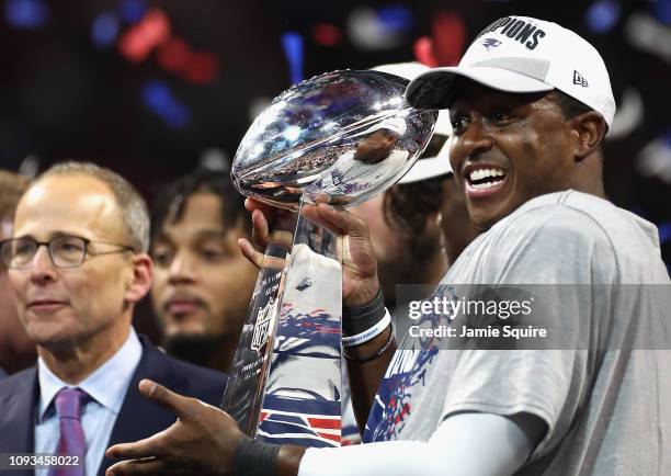 Matthew Slater of the New England Patriots holds the Vince Lombardi Trophy at the end of the Super Bowl LIII at Mercedes-Benz Stadium on February 3,...