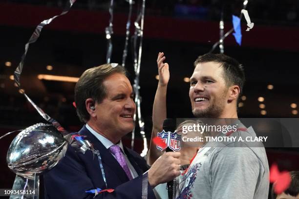 Quarterback for the New England Patriots Tom Brady celebrates after winning Super Bowl LIII against the Los Angeles Rams at Mercedes-Benz Stadium in...