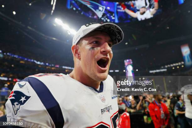 Rob Gronkowski of the New England Patriots celebrates his team's victory in the Super Bowl LIII at Mercedes-Benz Stadium on February 3, 2019 in...